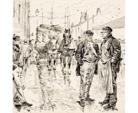 * Corbould (Alfred Chantrey, 1852-1920). Liverpool Dock Strike, pen and ink with traces of blue pencil on paper, laid on boar