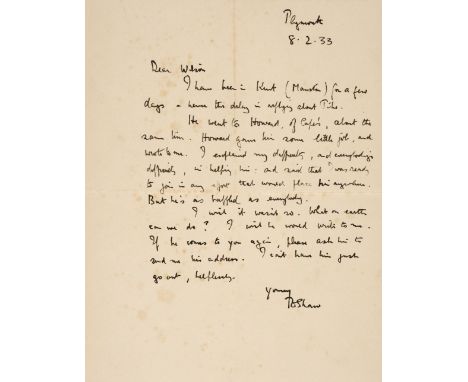 * Lawrence (Thomas Edward, 1888-1935). British Archaeologist, Army Officer, Diplomat and Writer. Autograph letter signed, 'T.