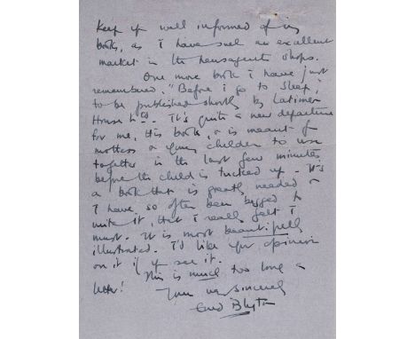 * Blyton (Enid, 1897-1968). Autograph letter signed, 'Enid Blyton', Green Hedges letterhead, 23 August 1947, to Mr Holbrow, t