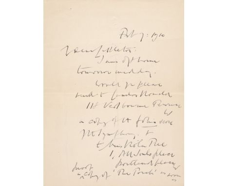 * Elgar (Sir Edward, 1857-1934). English composer. Autograph Letter Signed, (‘Edwd. Elgar’), Athenaeum embossed letterhead, 7