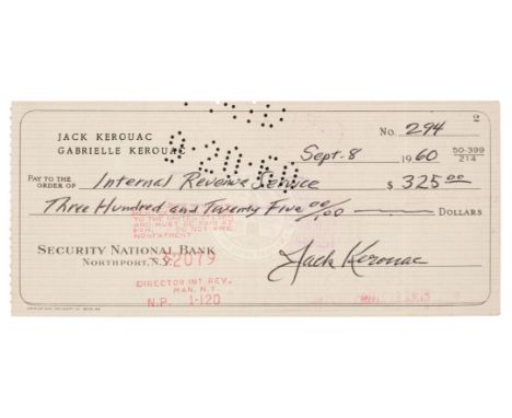 Kerouac (Jack, 1922-1969). American Novelist. Signed cheque 'Jack Kerouac, 8 September 1960', drawn on a Security National Ba