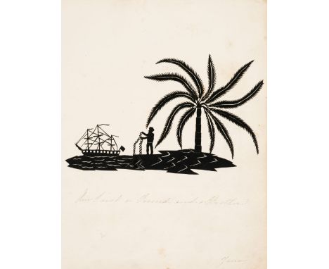 * Slavery. A scissor cut, circa 1820s-1830s, black paper scissor cut, depicting a slave holding up his chains standing beneat