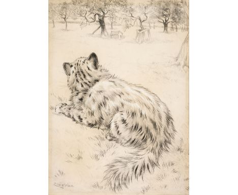 * Wain (Louis, 1860-1939). Cat watching for chickens, pencil, pen &amp; ink, heightened with body colour, on pale cream wove 
