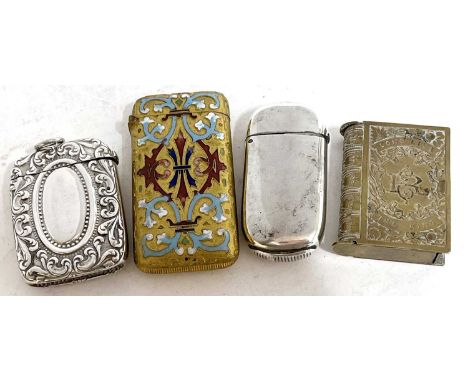 Mixed lot to include four various vesta's a gilt metal and enamel example, two silver plated together with a brass commemorat