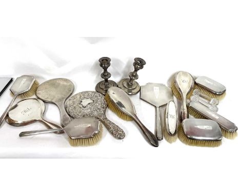 Mixed lot to include four silver mounted dressing table mirrors, four silver hallmarked hairbrushes, five clothes brushes, al