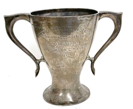 George V silver twin handle trophy engraved 'Norwich Elementary Schools' swimming competition, presented by Councillor C H Fi