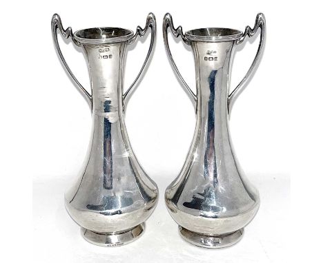 Pair of Edwardian silver twin handle spill vases of tapering baluster form (loaded), hallmarked for Birmingham 1908, makers m