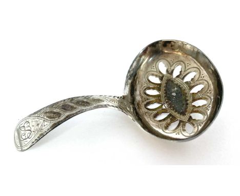 George IV silver caddy spoon with pierced circular over bowl having wrigglework detail and monogram engraved handle, hallmark