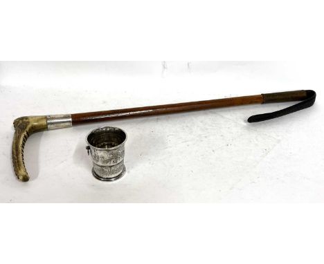 Mixed lot to include a Swaine riding crop with a silver collar and antler handle, hallmarked London 1913, makers mark for Swa