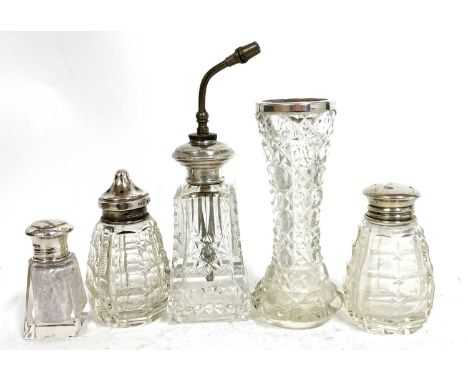 Group of five small glass bottles and a vase each with a silver/sterling mount, various dates and makers (5)