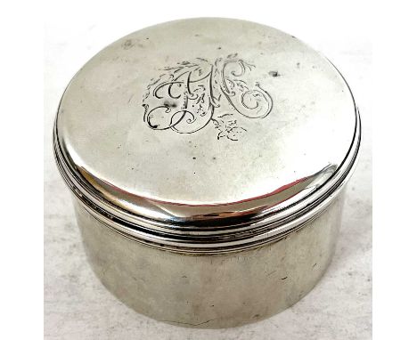 George III round silver box with pull off cover engraved with initials, London 1765, makers mark E.P, 8cm diameter, 4.5cm tal