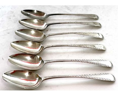 Set of six Georgian silver Old English pattern teaspoons having bright cut decoration, hallmarked for London 1828, makers mar