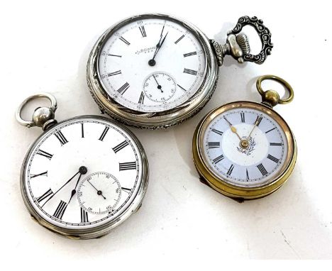 Three pocket watches, the first is a metal Reliance, USA which has a white enamel dial with sub-second dial and Roman numeral