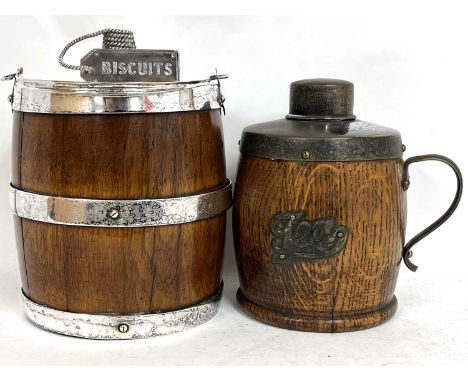 Mixed lot including a vintage oak and silver plated biscuit barrel with a ceramic lining, the top of the plated lid is mounte