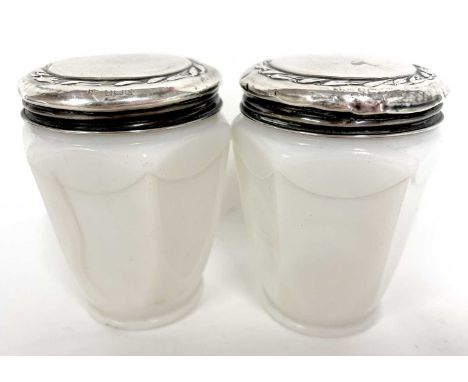 Pair of vintage silver screw top milk glass oatine cream jars of hexagonal form, the screw on lids with hallmarks rubbed, 9cm