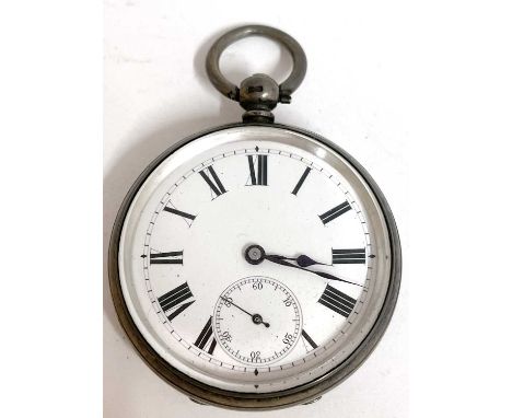 Silver pocket watch with a white enamel dial, sub-second dial and black Roman numeral hour markers, hallmarks can be found in