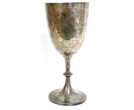 Edward VII silver trophy cup of goblet form with a knopped stem on a circular spreading base, presentation engraved reading '