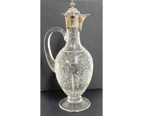 Victorian crystal and silver claret jug, the body engraved with acorns and leaves etc, to a plain loop handle, the urn hinged