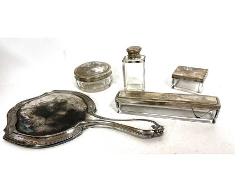 Group of silver mounted dressing table items including a hand mirror, two glass boxes and two jars