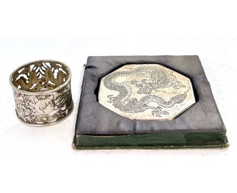 Mixed lot to include octagonal white metal ladies compact engraved to the front with a dragon having a push in button and thu