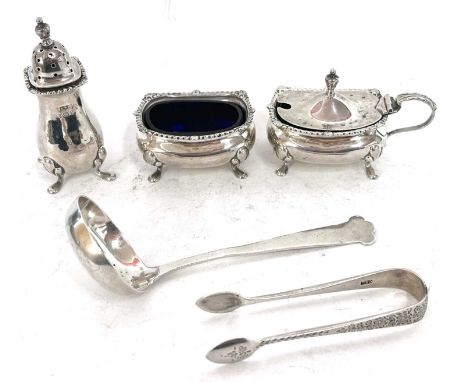 Mixed lot to include a George V three piece condiment set comprising hinged mustard and liner, open salt and liner and pepper