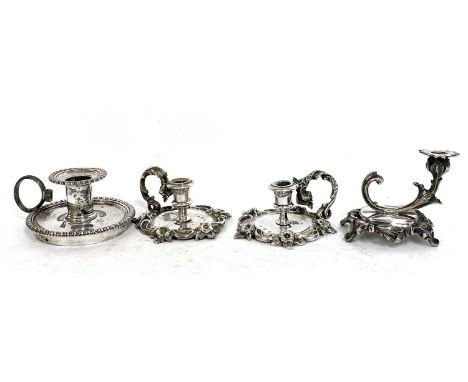 Group of four antique miniature silver plated chamber sticks to include two Elkington &amp; Co examples with floral cast deta