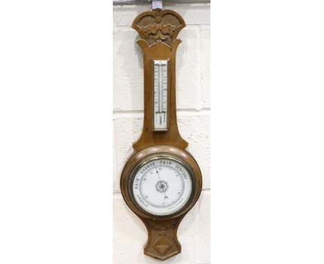 Oak framed Aneroid barometer/thermometer, H: 71 cm. Not available for in-house P&amp;P 