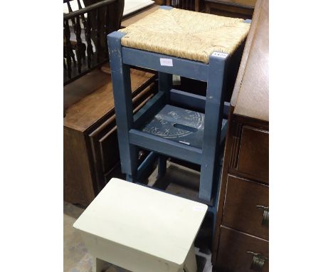 Small painted blue step stool with a further tapestry upholstered example, 40 x 40 x 30 cm H. Not available for in-house P&am