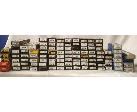 Selection of 100 N gauge empty boxes including twelve plus Farish coaches, seventy plus Farish wagons, five locomotives, ten 