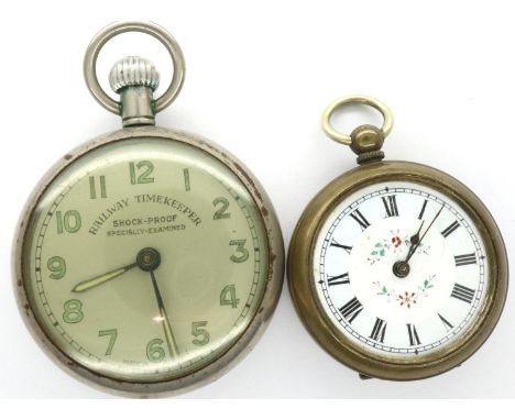 Railway Timekeeper pocket watch and a brass fob watch, both not working. P&amp;P Group 1 (£14+VAT for the first lot and £1+VA