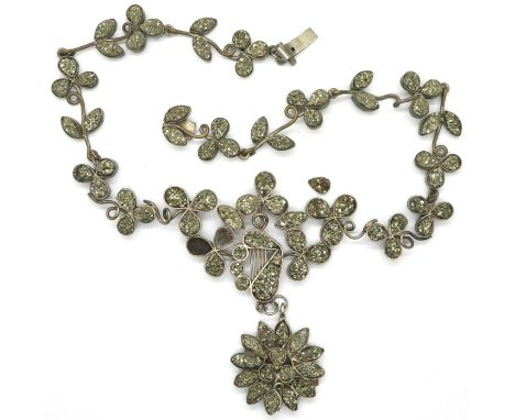 Victorian Irish clover and lyre design pendant necklace, set with clusters of marcasite in white metal, L: 41 cm. one cluster