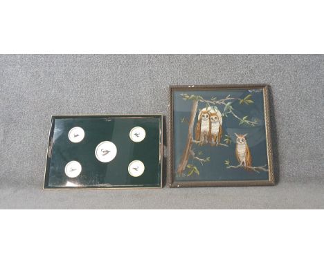 A vintage twin handled tray inset with tied flies and a framed and glazed woolwork tapestry of owls perched on branches. H.3 
