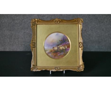 A Royal Worcester porcelain plaque, hand painted with sheep in a Scottish landscape, signed H Davis for Harry Davis. Framed a