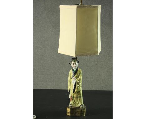 A vintage Japanese table lamp and shade with figural base. H.74cm. 