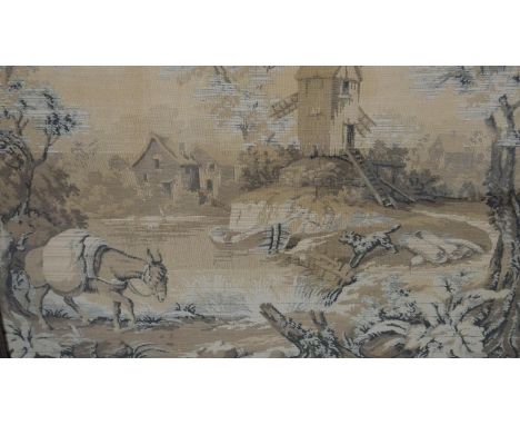 A 19th century framed tapestry, animals around a pond with windmill in the distance. H.76 W.96cm 