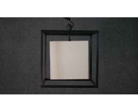 A contemporary metal framed ceiling light pendant of cubed form. H.41 W.41 D.41cm 