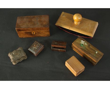 A 19th century mahogany caddy, a Black Forest type box along with four other boxes and an ink blotter. H.9 W.17 D.8cm. (large