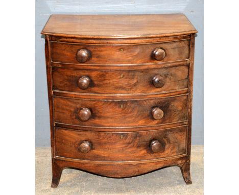 19th century mahogany bow fronted chest of four long graduated drawers, on bracket base