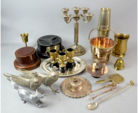 White metal cockerels, four branch candlestick and small quantity of metalware