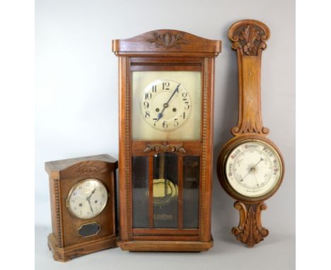 Pendulum wall clock, oak mantel clock and barometer