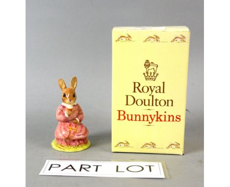 A boxed Royal Doulton ‘Polly Bunnykins’ character figure (DB71), three matt white Beswick horses on black plinth bases, a Roy