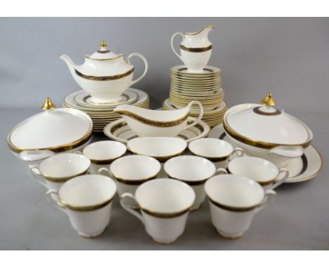 Royal Doulton Harlow extensive dinner and tea service with gilt banding, 54 pieces including tureens 