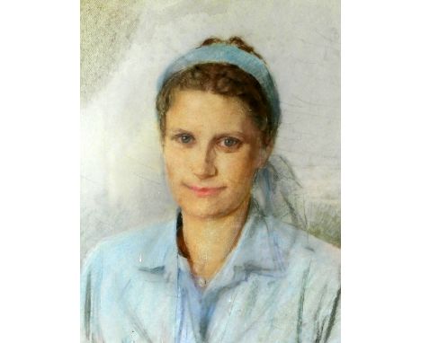 Sam Morse-Brown (British, 1903-2001) portrait of a lady wearing a blue hair band, possibly signed under the mount, pastel, 49
