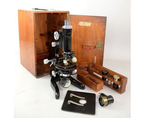 Mid 20th century microscope Bactil by W Watson & Sons Ltd London, no. 82907, in fitted mahogany case, with various lenses, 30