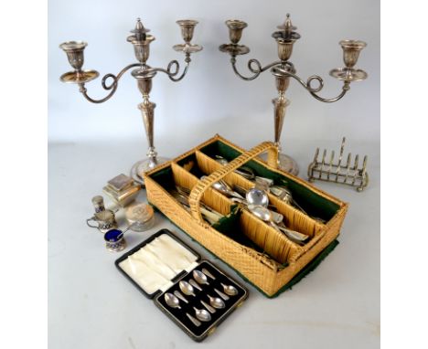 Silver Caddy , three piece silver cruet, pair of candelabra and a collection of other flatware 