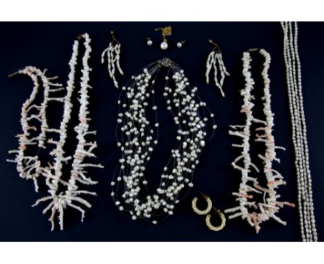 Group of cultured pearl and coral jewellery, single pearl pendant on gold mount and chain, similar pair of earrings, both 9 c