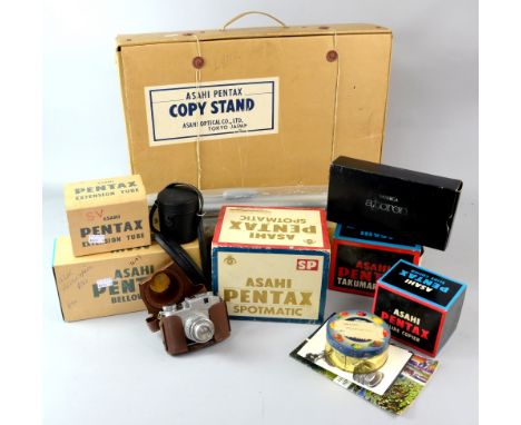 Yashica Atoron cased with accessories, Pentax Spotmatic, Benicini Comet S. Takumar 1:4/100 bellows  lens, copy stand, tripod 