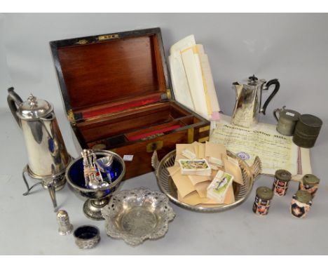 Silver plate including hot water jugs and  bon-bon dish, pewter items, walnut writing slope, cigarette cards, share certifica