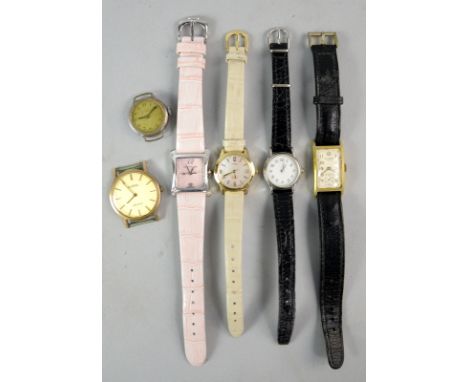 Six wristwatches, Roamer pall mall watch, round dial with baton hour markers, Elora watch, Betima watch, Timex, Jennifer Lope