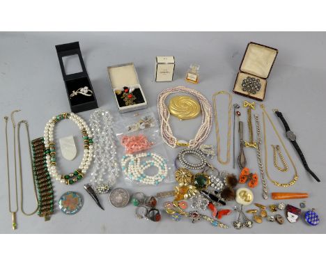 Group of jewellery including gold coffee bean pendant, blue enamel pocket watch, silver hat pin  and costume jewellery  